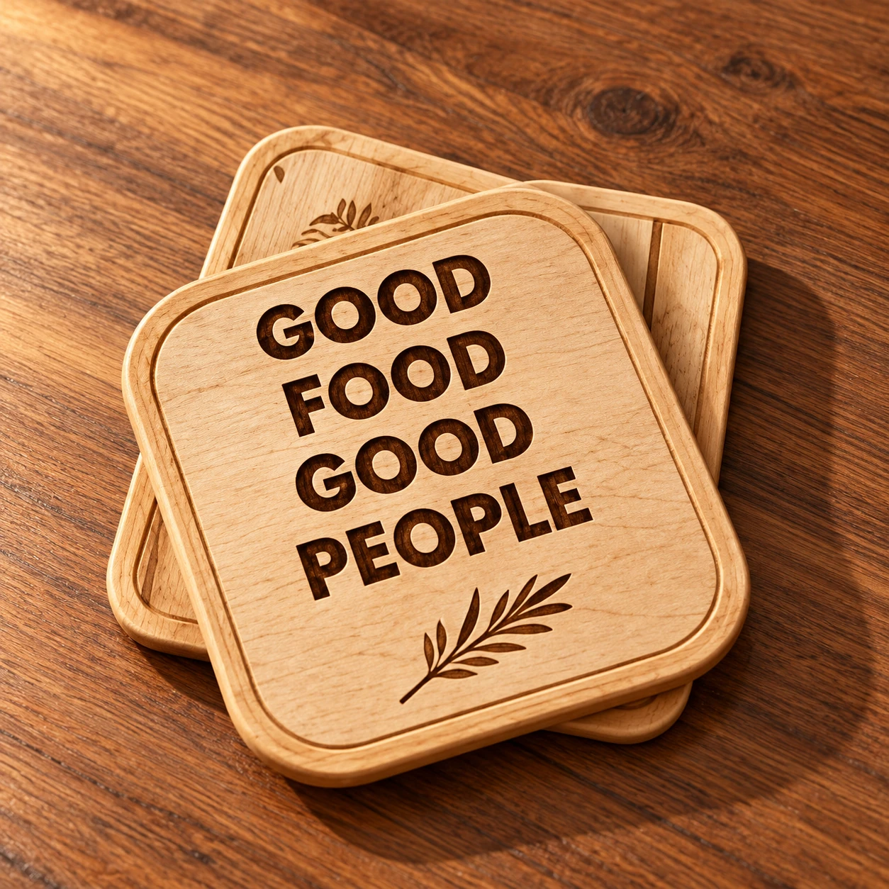 Wooden Good Food Good People coasters
