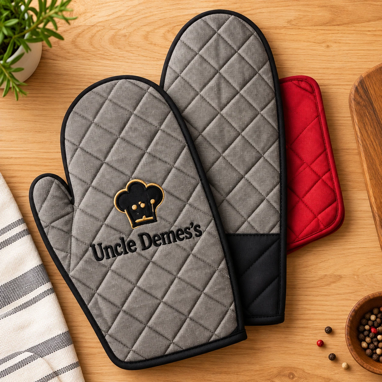 Uncle Demes branded oven mitts and pot holder