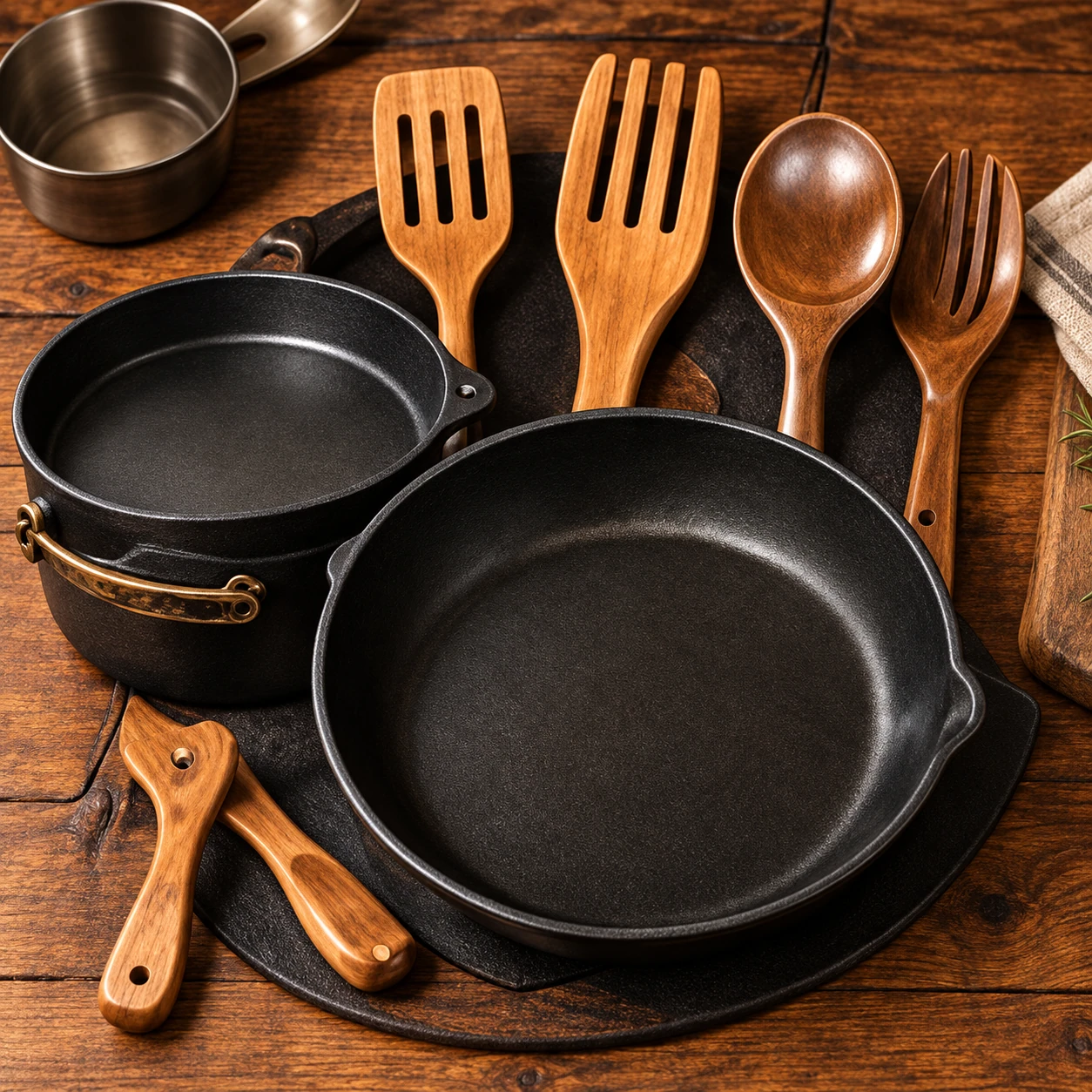 Black cookware and wooden cooking utensils