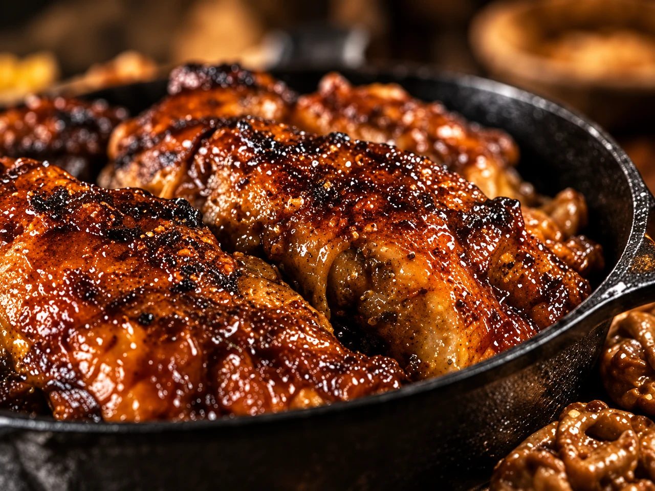 Glazed Southern chicken served in a cast-iron skillet