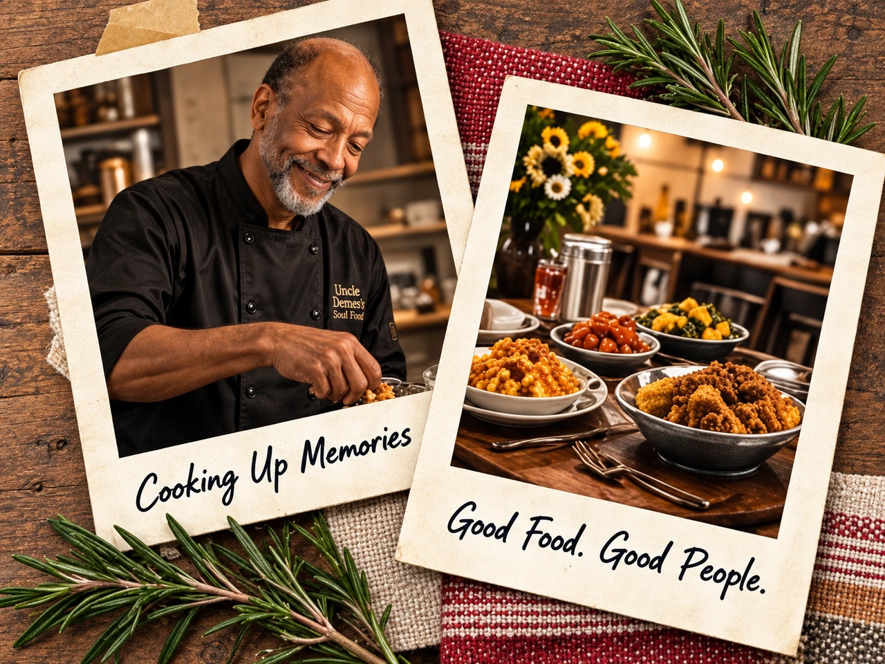 Polaroid-style photos of Uncle Demes cooking and a table of Southern food