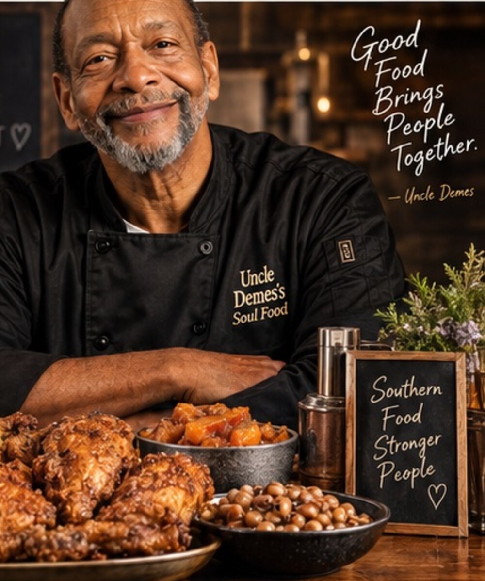 Uncle Demes surrounded by a Southern soul food spread